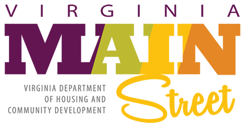 紫色、绿色、黄色和橙色文字显示：“Virginia Main Street; the Virginia Department of Housing and Community Development”