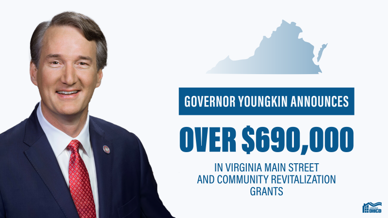 州长Glenn Youngkin的照片，旁边是蓝色文字，写着：“州长Youngkin宣布超过$690,000的小企业发展和社区振兴补助金”